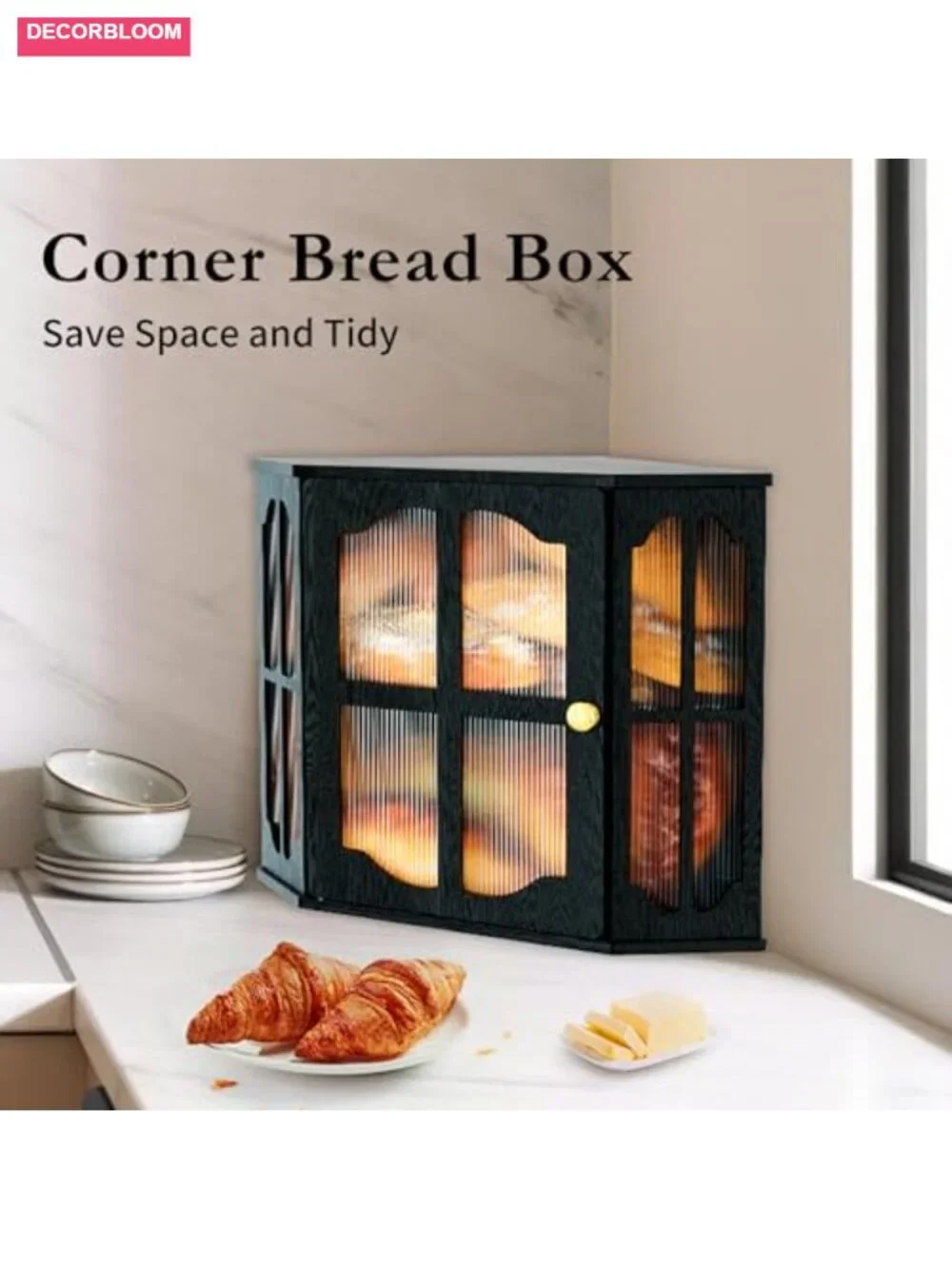 Corner Bread Box for Kitchen Countertop, Food Storage Container with Bamboo